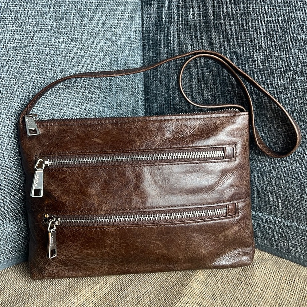HOBO Brown Leather Crossbody Bag with Silver Zippers